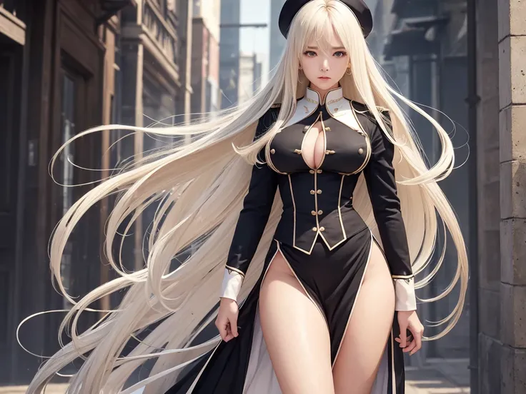 Simple Background、No background、((masterpiece))、Fantasy look、Portrait、Standing posture、Full body photo、Beautiful woman（perfection）、Blonde、Black Hair、White Hair、Long Hair、Straight Hair、fantasy uniform、futuristic 、Open-minded uniform（detailed）、See-through un...