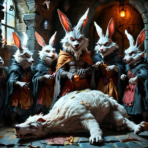 (((1 male werewolf))). Crowd of anthropomorphic female rabbits dressed as scary witches. Many female anthropomorphic rabbits are tickling a lone male anthropomorphic werewolfs belly. The werewolf is lying flat on his back spread eagle. They dance next to t...