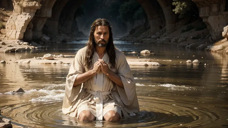 there is an old biblical elder wearing a beige robe baptizing Jesus Christ in an epic detailed image at the age of twenty-five in the Jordan River, Perfect face wearing a white tunic, Detailed biblical image. Detailed and epic image from the biblical film,...