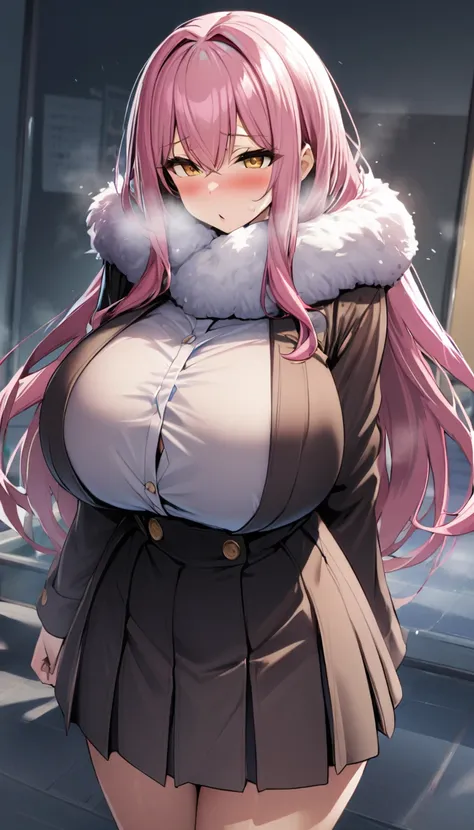 1girl,solo, school, super huge breasts, standing up, pink hair, golden eyes, cold expression, long hair