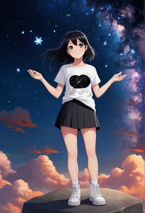 Dieu cosmique, une jolie fille anime qui porte une t-shirt Blanc avec un mot Blazar écrits dessus et une mini jupe noir et un botte blanche très longue. Elle regarde le ciel rempli détoiles 