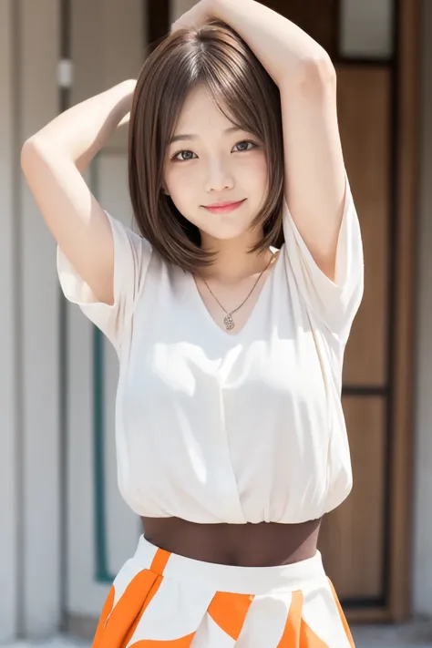 A cute anime-style girl is standing. She has short brown hair and large brown eyes, and is wearing a white blouse paired with an orange skirt. The background is simple, emphasizing her bright and cheerful expression, Her arms are raised above her head, cre...