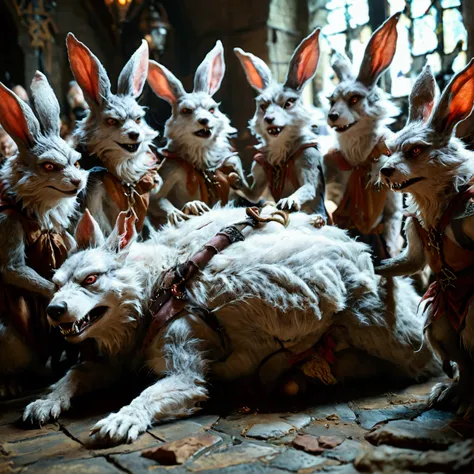 (((1 male werewolf))). Crowd of anthropomorphic female rabbits dressed as scary witches. Many female anthropomorphic rabbits are tickling a lone male anthropomorphic werewolfs belly. The werewolf is lying flat on his back spread eagle. They dance next to t...