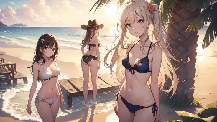 Highest quality、detailed、masterpiece、８K、(Five cute girls)、slender、Wet Skin、Colorful Bikinis、Standing on the beach、sun、looking at the camera、Cowboy Shot