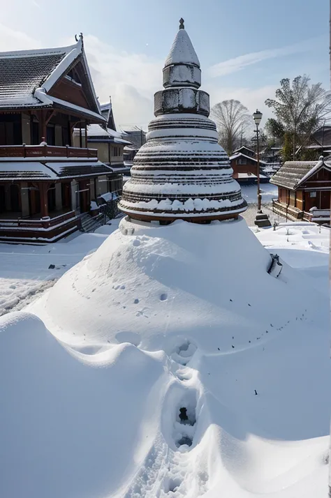 Draw a picture where the city of Cirebon is covered in snow