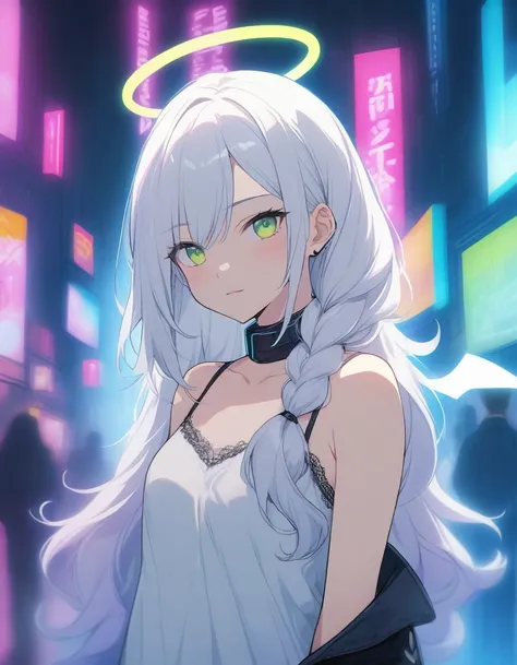 ((best quality)), ((masterpiece)), (finely detail), anime girl, game_cg, bishoujo, anime style, teenager, 1girl, white hair, long hair, big hair, single braid, ルーズサイドテール, hair over shoulder, hair tie near neck below ears, ((cyberpunk)), green eyes, head ti...