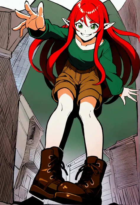 A red headed female elf. she has long hair and pointy ears, although her ears are human sized. She has a green top and brown cargo shorts. She has back Doc Martens and emerald green eyes. The camera is placed by her feet and looks up at her, with give the ...