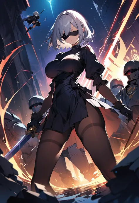 2b nier automata,masterpiece, 最high quality, high resolution,  black clothes 、black pantyhose、dark church at night、wear a minisk...