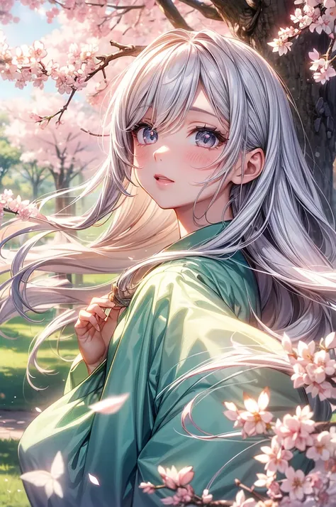 a girl, anime style, walking in a park, cherry blossom trees, detailed face, beautiful eyes, long eyelashes, delicate features, flowing hair, light and airy atmosphere, soft pastel colors, sunlight filtering through trees, petals floating in the air, intri...