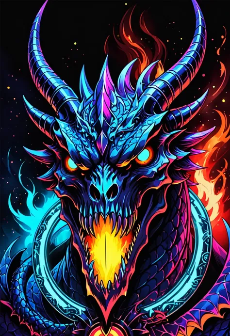 With violet glow horns、Close-up of a white skull,  Dragon Portrait, by Rostland, Benedict Barna, Morel，(((Multi-metal ring ornamentiracle，Dark atmosphere，red fire，((neon glow light))，((Blue arc))