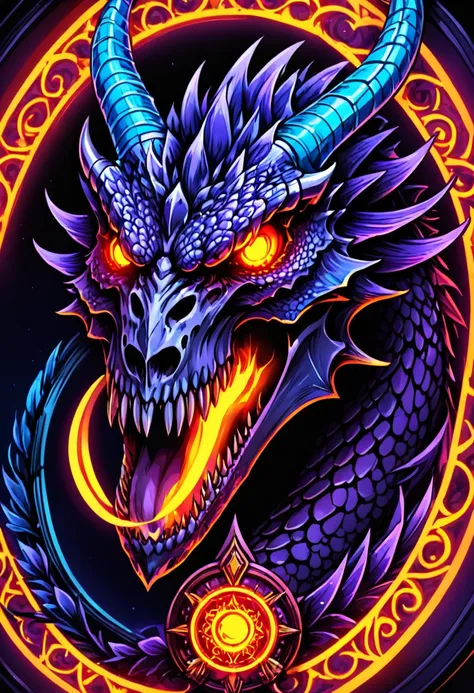 With violet glow horns、Close-up of a white skull,  Dragon Portrait, by Rostland, Benedict Barna, Morel，(((Multi-metal ring ornamentiracle，Dark atmosphere，red fire，((neon glow light))，((Blue arc))