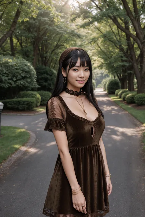 Half-length glamour portrait, nikon D850, f1.6 lens, 200mm, DSLR, 22 Megapixels, (((Tree-lined driveway leading to a private residence scene))), shot of a stunning 19 years old korean girl, (smile:1.4), (wearing light brown Velvet trapeze dress with lace c...