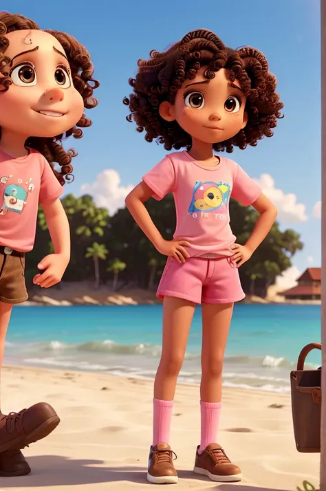 work of art, best qualityer, A 10-year-old , on the American, curly hair and brown eyes wearing a t-shirt and pink shorts, standing on the beach