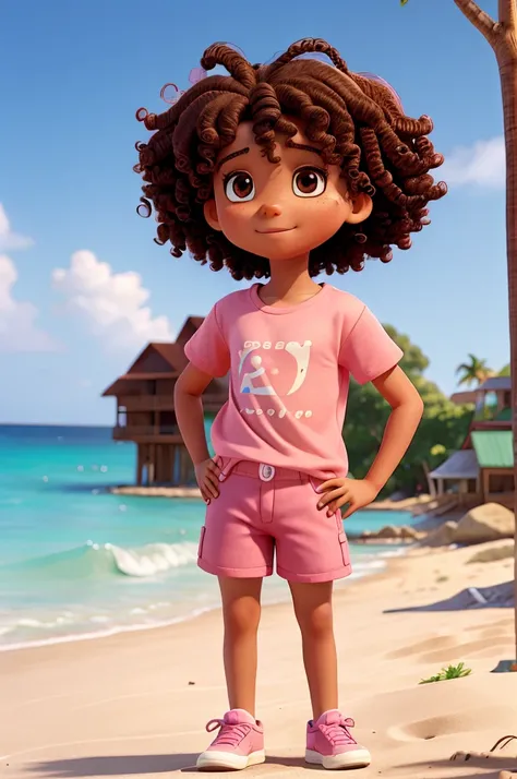 work of art, best qualityer, A 10-year-old , on the American, curly hair and brown eyes wearing a t-shirt and pink shorts, standing on the beach