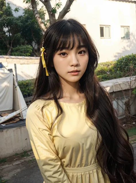 a beautiful korean, feminine, soft girl, with white skin, black long wavy hair, and bangs, and a v-shaped small and slim face, wearing a yellow sleeved-dress, while there are trees and houses at the background like in the Phillippines 