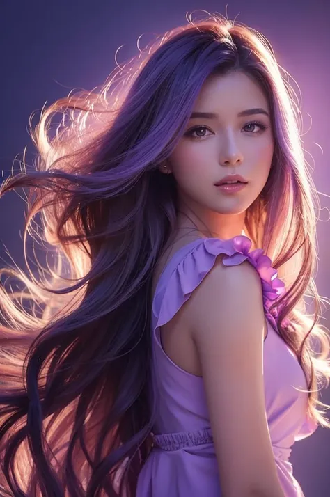 Silhouette drawing of a beautiful woman with flowing hair on a light lilac purple background