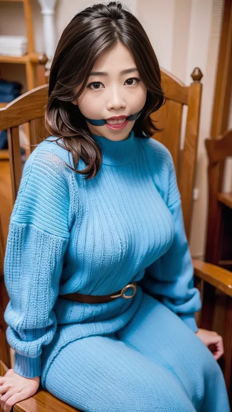 (8k、 highest quality、 masterpiece、 realistic、 Super detailed:1.3)、(Photoreal:1.2)、((Long knit sweater))、((beautiful japanese woman))、one woman、light brown hair、big breasts、smart body、laughter、highly detailed face、detailed eye、(sitting in a chair),(gagged)