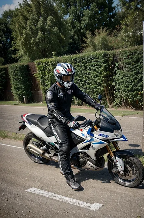 Photo of young Rossi on a 125cc motorbike with a racing circuit in the background.