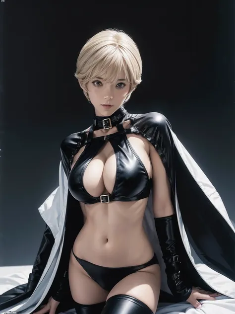 Very short hair, (masterpiece、Highest quality、Official Art), View from the front, Looking at the audience:1.5, topless, small top, White jacket:1.2, Black long boots, Black shorts, (Black bondage suit:1.2), Black collar, Black choker, Glowing Skin, Realist...