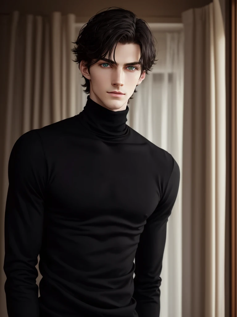 (best quality), 1boy, pale skin, black hair, medium hair, curtain hair, tousled hair, green eyes, perfect eyes, dark circles under eyes, tall, slender, handsome, strong jawline, lazy, light smile, attractive, turtleneck sweater, masterpiece, anatomically c...