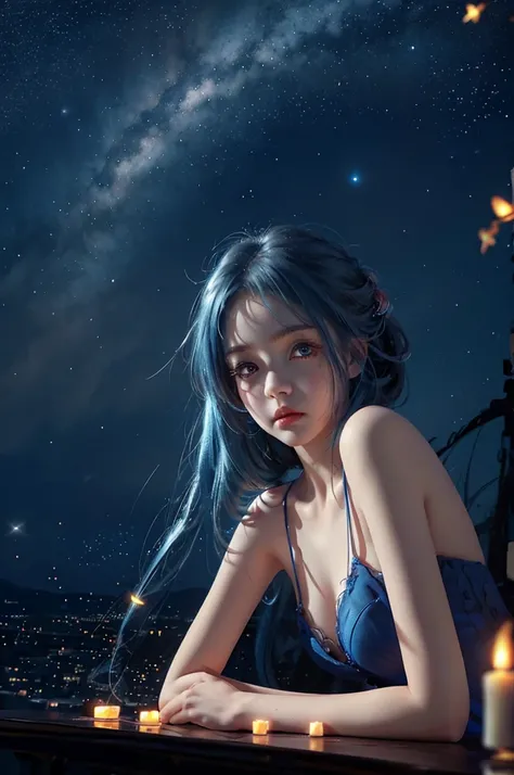 Ultra HD、A beautiful blue-haired character、Cute big eyes、Red burning cheeks、Night scene with starry sky background、Wearing a gorgeous dress、Subtle details、A fantastic atmosphere、Anime style