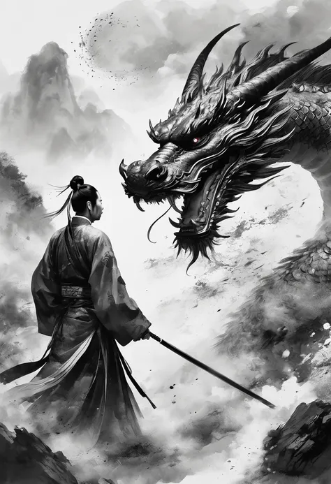 epic song ink shot，chinese warrior in hanfu fights a dragon，pov perspective，the first person，traditional chinese ink painting st...