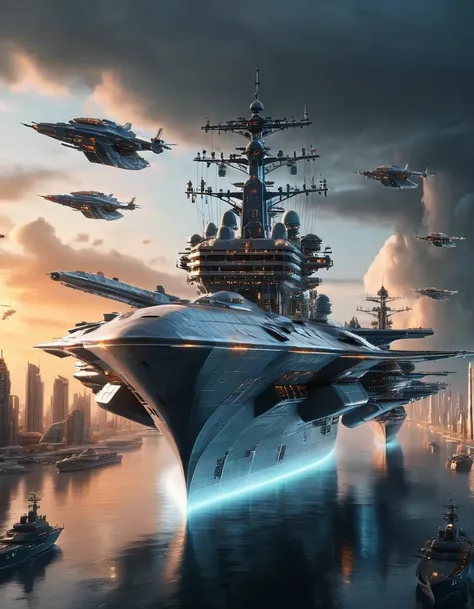 (high quality，masterpiece，extremely detailed，3d，8k:1.2) ，future city，surreal，several warships in the air