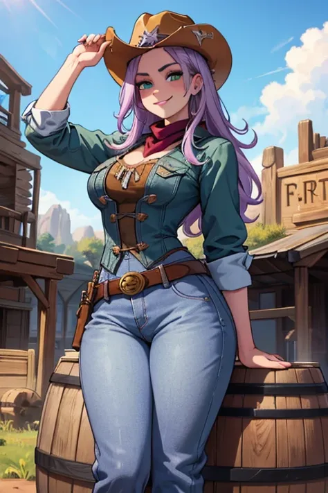 Perfect face. Perfect hands. A light purple haired cowgirl with green eyes and an hourglass figure in a conservative cowgirl outfit is smiling on a barrel in the wild west town. 