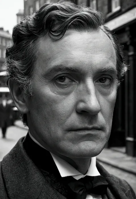 alone, alone focus, Noir , düsteres Setting, Masterful close-up portrait of a gentleman in the streets of Victorian London