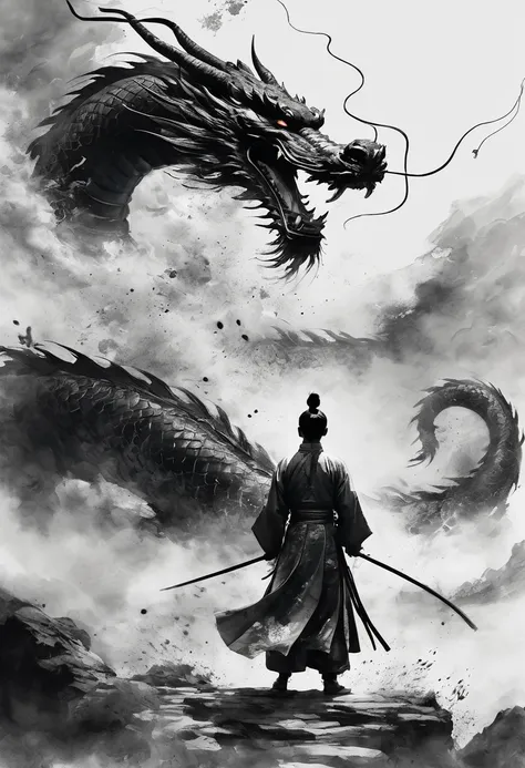 epic song ink shot，chinese warrior in hanfu fights a dragon，pov perspective，the first person，traditional chinese ink painting st...