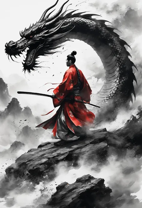 epic song ink shot，chinese warrior in hanfu fights a dragon，pov perspective，the first person，traditional chinese ink painting st...