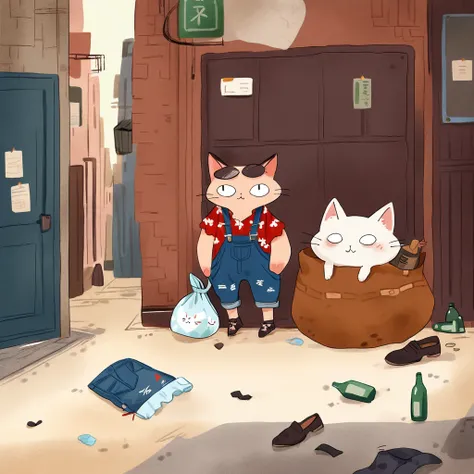 Depicts a very pitiful anthropomorphic kitten，Wearing a tattered red linen shirt and denim overalls, Worn-out cloth shoes, Carrying an oversized bag, Three View