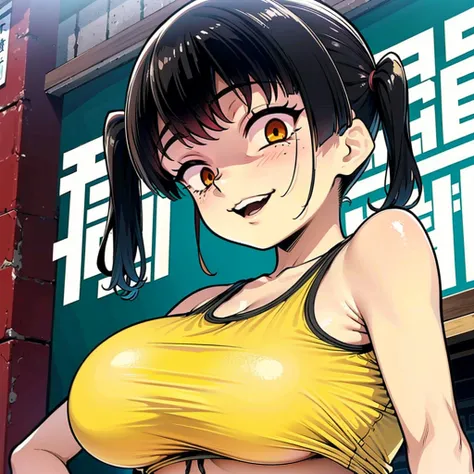 Sasaki Kanna plays gesugao, Yellow Tank Top, underboob, Sweat, Black hair twin tails, Guess face, smile, crazy Smile, 勝ち誇ったsmile, Pushing her big breasts together, Her body is like that of a slender elementary school student, but her breasts are large., Pu...