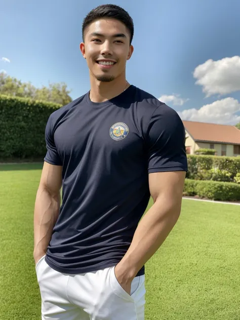 Tony Labrusca, (As a matter of fact, Masterpiece, 8k HD, good light quality, sportswear, fit the face, complicated details), A handsome, muscular young Korean man. , 20 years old, be happy, smile brightly, detailed face, delicate eyes, มองดูsky, Wear a nav...