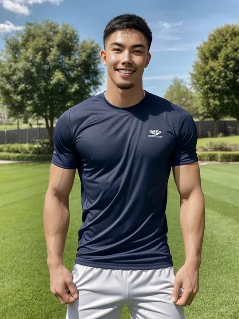 Tony Labrusca, (As a matter of fact, Masterpiece, 8k HD, good light quality, sportswear, fit the face, complicated details), A handsome, muscular young Korean man. , 20 years old, be happy, smile brightly, detailed face, delicate eyes, มองดูsky, Wear a nav...