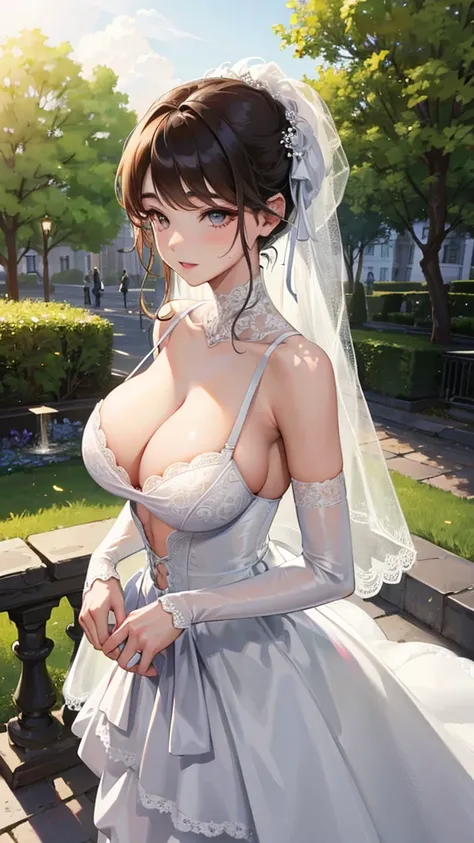 Girl with huge breasts wearing a micro bra and a wedding dress with a lace neckline in the park