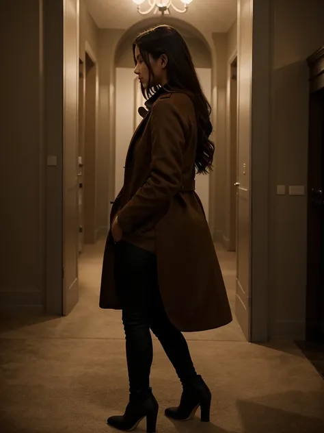 girl in profile in a brown long coat, black leggings and black heels,feet together, hands in pockets, profile photo