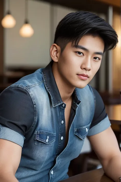 ((realistic daylight)) , young korean man in black sports shirt only, no pattern, denim shirt, jeans., a handsome, muscular youn...