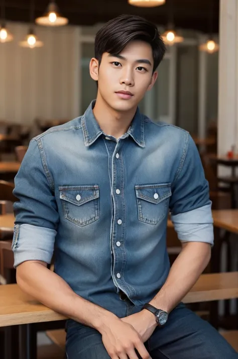 ((realistic daylight)) , Young Korean man in black sports shirt only, no pattern, denim shirt, jeans., A handsome, muscular young Asian man looks at the camera.  , in the restaurant ,turn sideways