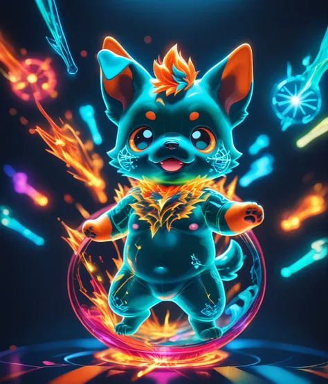 glowneon, sparks, A detailed and vibrant transparent glass sculpture, male, anthro, dog cub , in a fantastical landscape with vibrant colors and intricate details, done by artists such as Ruan Jia