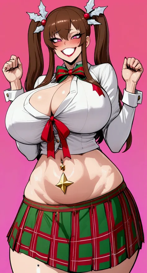 big lips, Brown hair, pink eyes, japanese face, improve, improve grin, two sides up, huge breasts, Wide hips, sexy, detailed, pink room, Hits, (evil smile1.4), kawaii, pleated skirt, Christmas, GOOD, red and white suit, plaid skirt, camisa Christmas, garga...