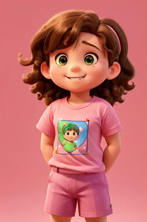 work of art, best qualityer, a 10 year old  who is a little chubbier, Grinning, on the American, long hair with beautiful curls and brown eyes, wearing pink t-shirt and shorts, with green background