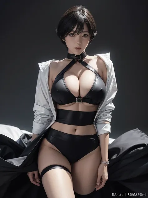 Very short hair, (masterpiece、Highest quality、Official Art), Neck up, View from the front, Looking at the audience:1.5, topless, Underless, White jacket:1.2, Black long boots, Black garter belt, (Black bondage suit:1.2), Black collar, Black choker, Glowing...