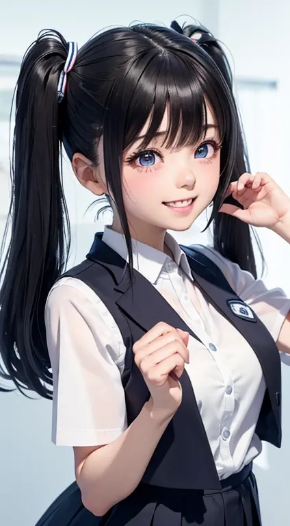 10th generation women, Twin tails black hair, blue eyes, White summer high school outfit, Navy blue school vest, Japanese High School Theme, Happy emotional mood, smile, cute, Portrait, 3d, anime, High resolutionR, High resolution, background, RTTX 10.0, 2...