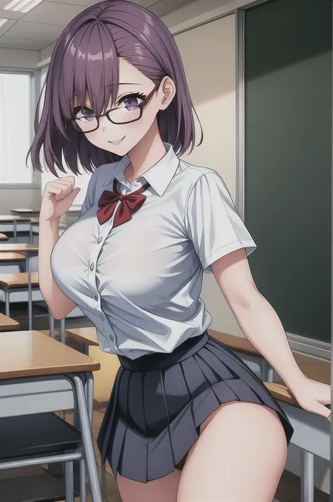 1girl, cowboy shot, classroom, smile, glasses, 
nitengojigen_ririsa, purple eyes, purple hair, short hair, bangs, lace underwear...