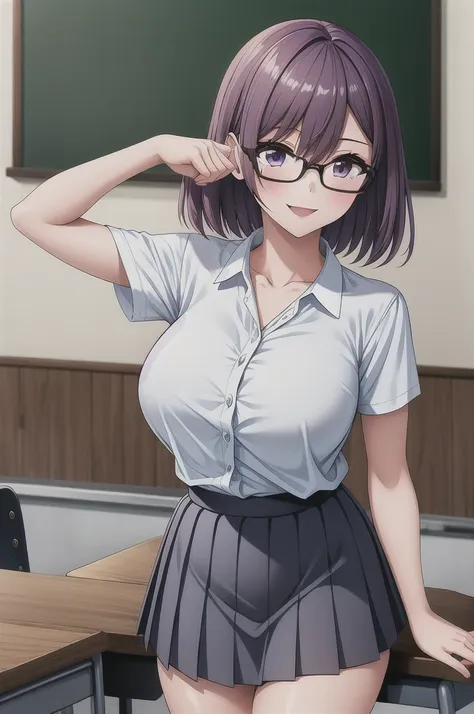 1girl, cowboy shot, classroom, smile, glasses, 
nitengojigen_ririsa, purple eyes, purple hair, short hair, bangs, lace underwear...