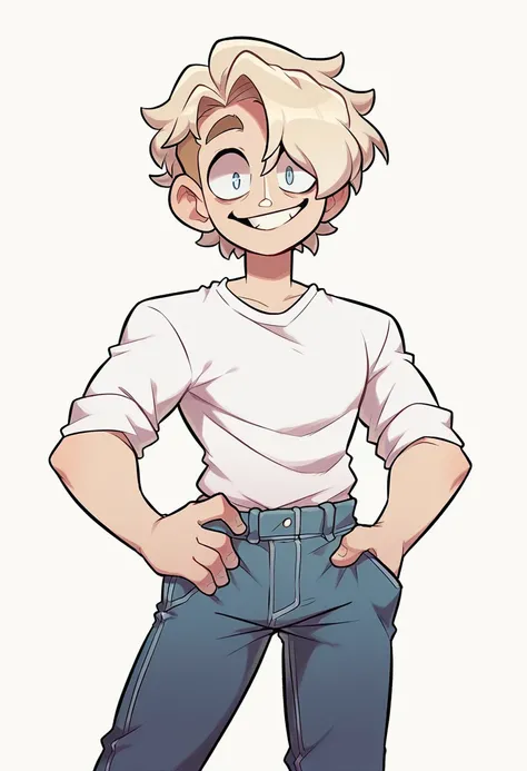 YouTuber, blond hair, bright eyes, standing happily with his hand on his hips, plain white tee shirt, black jeans, big smile, plain white background, male , adult male,