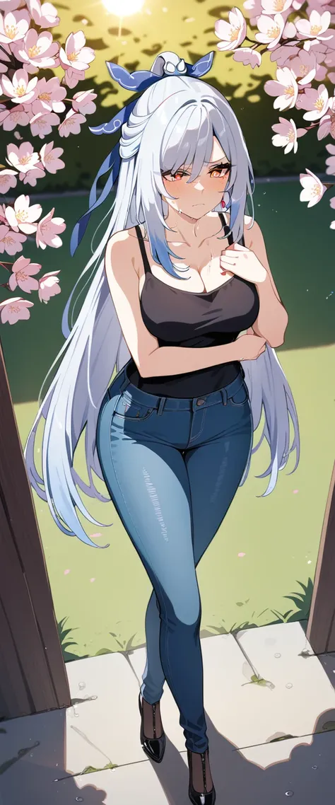 (masterpiece:1.37), best quality, (extremely detailed:1.37), (1girl:1.5), woman, (mature:1.5), (adult:1.5), jingliu, white hair, long hair, ponytail, hair ribbon, red eyes, earrings, jewelry, (jeans:1.25), (extremely detailed eyes:1.37), (wetting self:1.75...