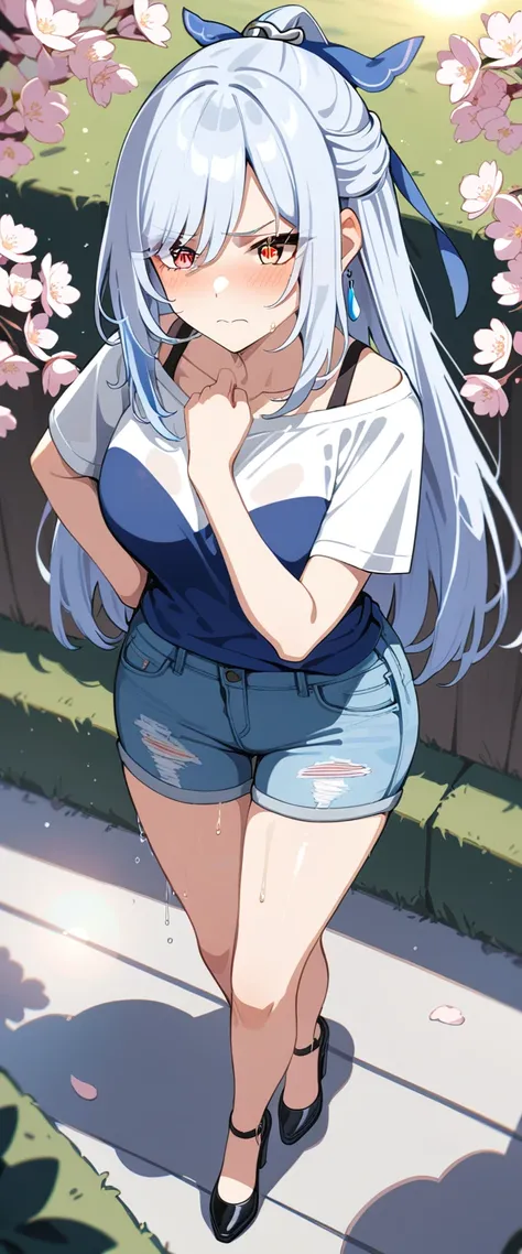 (masterpiece:1.37), best quality, (extremely detailed:1.37), (1girl:1.5), woman, (mature:1.5), (adult:1.5), jingliu, white hair, long hair, ponytail, hair ribbon, red eyes, earrings, jewelry, (jeans:1.25), (extremely detailed eyes:1.37), (wetting self:1.75...