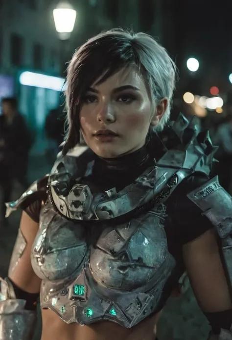 (realistic analog style sharp focus 8k raw photo with soft lighting and high quality:1.1), (hdr film grain:1.2),movie poster, a cute woman wearing a shiny (textured:1.2) (intricate:1.2) cyborgcosplay in a dark street at night, (cinematic hairstyle:1.2)
